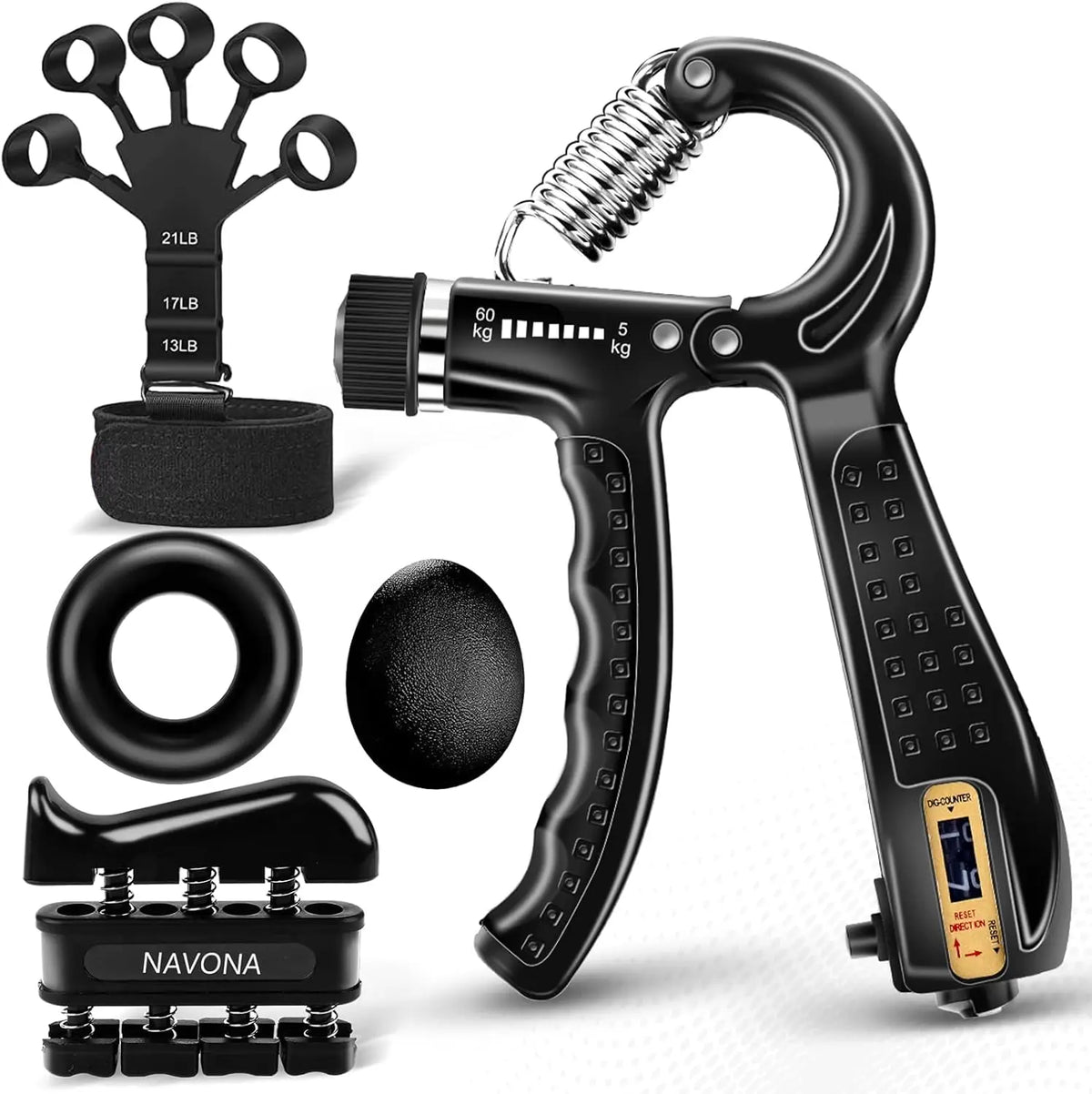 Grip Trainer Kit: Adjustable Hand Gripper,Finger/Hand Exercisers,Stress Ball & Forearm Ring for Muscle Build & Injury Rcvry