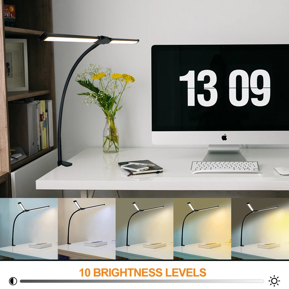 2-Headed LED Desk Lamp for Office Home Eye-Caring Architect Lamp with Clamp USB 3 Color Flexible Adjustable Lighting Table Lamp