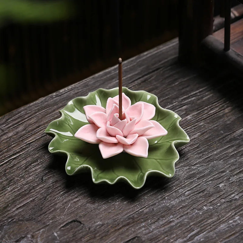 Ceramic handmade imitation floral thread incense tray - Home tea room aroma diffuser lotus leaf base Buddha hall incense burner