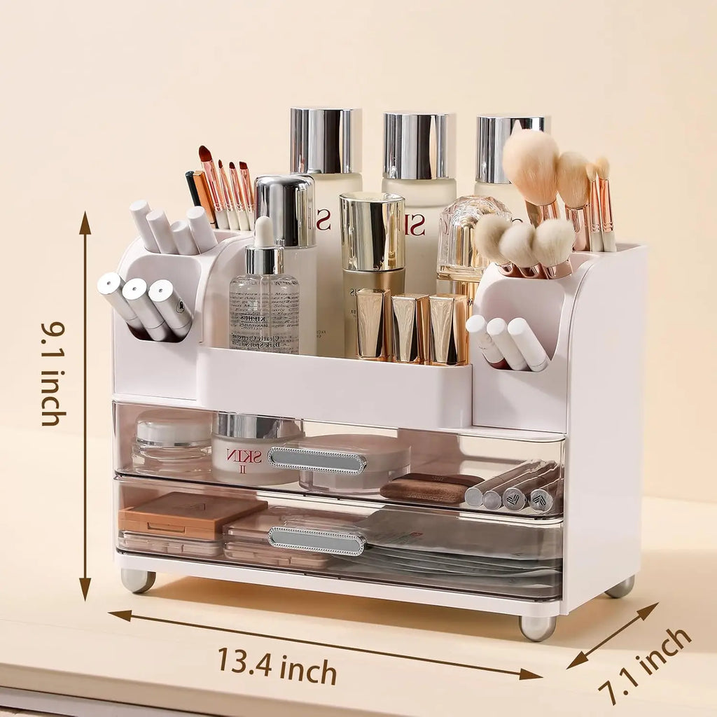 Makeup Organizer with Drawers, Vanity Storage for Brushes, Perfume, Lotion, Lipstick, Palette – White
