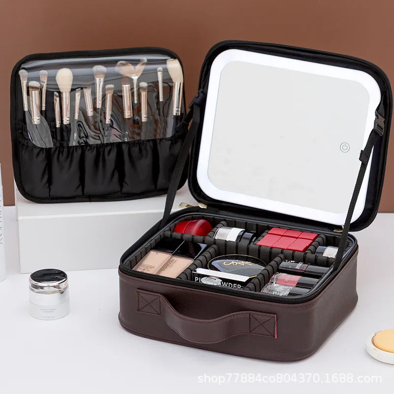 Travel LED Cosmetic Case With Light and Mirror Makeup Bag Large Capacity Premium Portable Cosmetic Bag Detachable Partition Bag