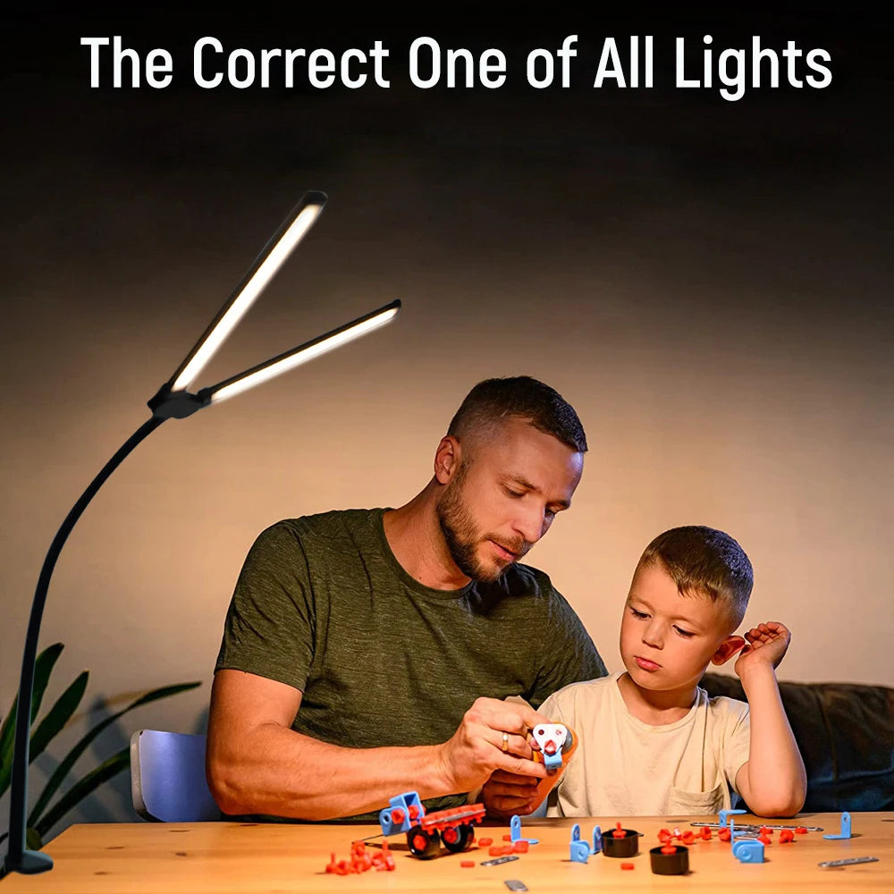 2-Headed LED Desk Lamp for Office Home Eye-Caring Architect Lamp with Clamp USB 3 Color Flexible Adjustable Lighting Table Lamp
