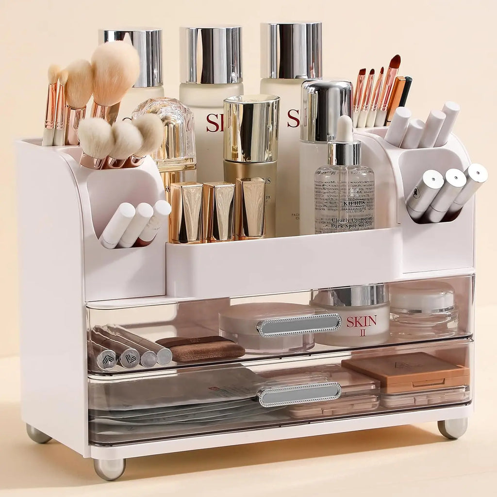 Makeup Organizer with Drawers, Vanity Storage for Brushes, Perfume, Lotion, Lipstick, Palette – White