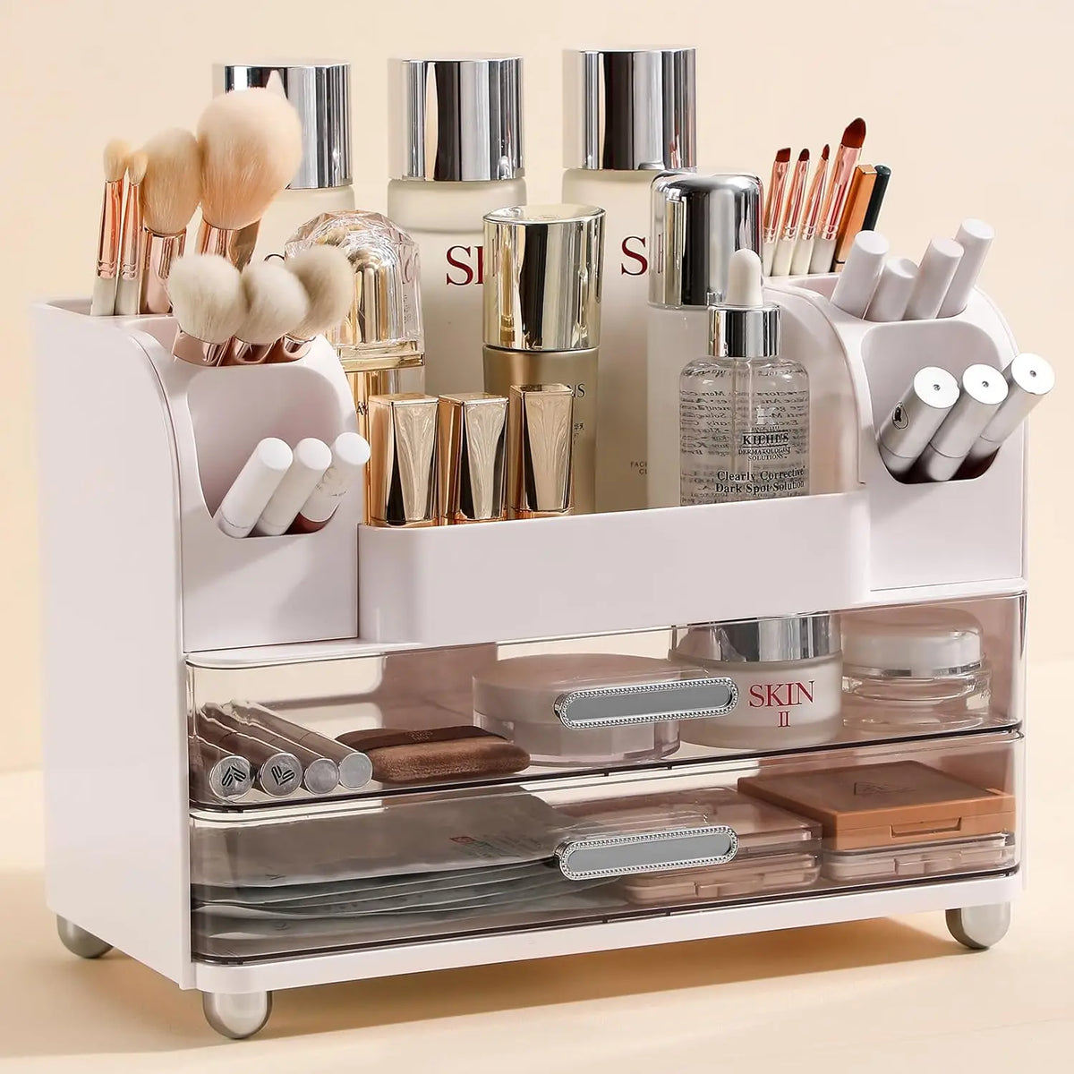 Makeup Organizer with Drawers, Vanity Storage for Brushes, Perfume, Lotion, Lipstick, Palette – White