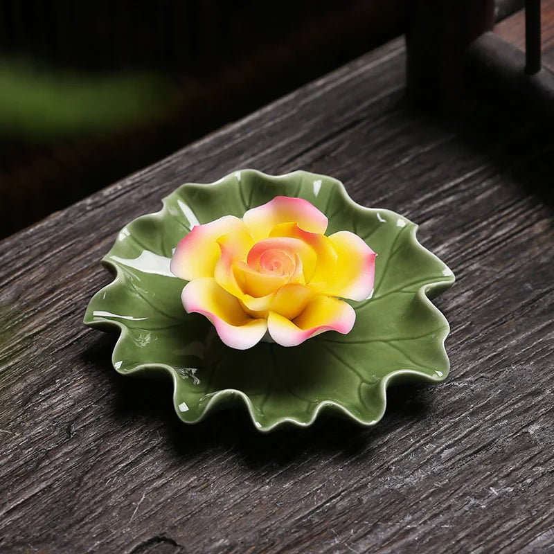 Ceramic handmade imitation floral thread incense tray - Home tea room aroma diffuser lotus leaf base Buddha hall incense burner