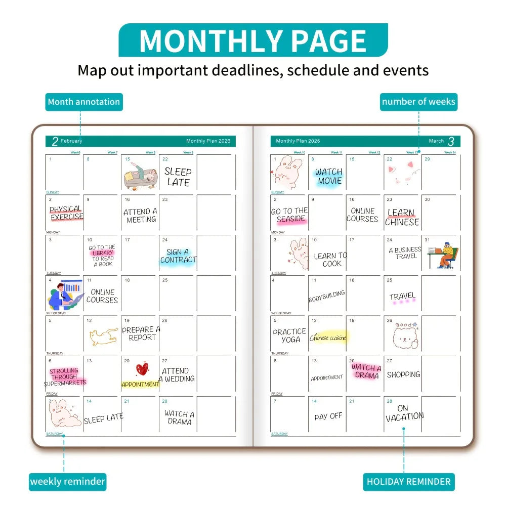 2026 Planner Book, Self-Discipline Calendar Planner, Weekly&Monthly Planner Layouts, 360-Page Daily Organizer, Portable Notebook