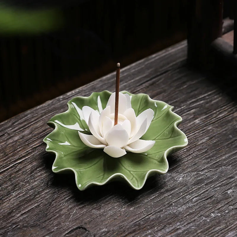 Ceramic handmade imitation floral thread incense tray - Home tea room aroma diffuser lotus leaf base Buddha hall incense burner