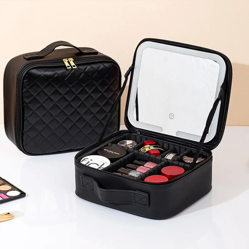Travel LED Cosmetic Case With Light and Mirror Makeup Bag Large Capacity Premium Portable Cosmetic Bag Detachable Partition Bag
