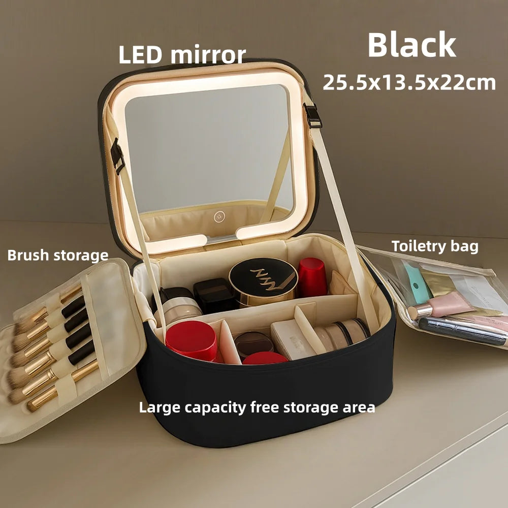 Travel LED Cosmetic Case With Light and Mirror Makeup Bag Large Capacity Premium Portable Cosmetic Bag Detachable Partition Bag