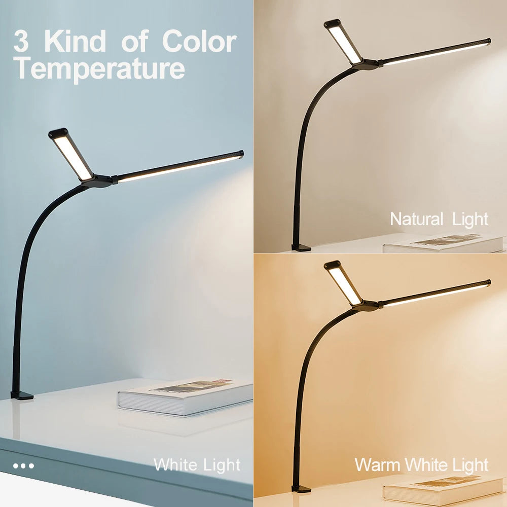 2-Headed LED Desk Lamp for Office Home Eye-Caring Architect Lamp with Clamp USB 3 Color Flexible Adjustable Lighting Table Lamp