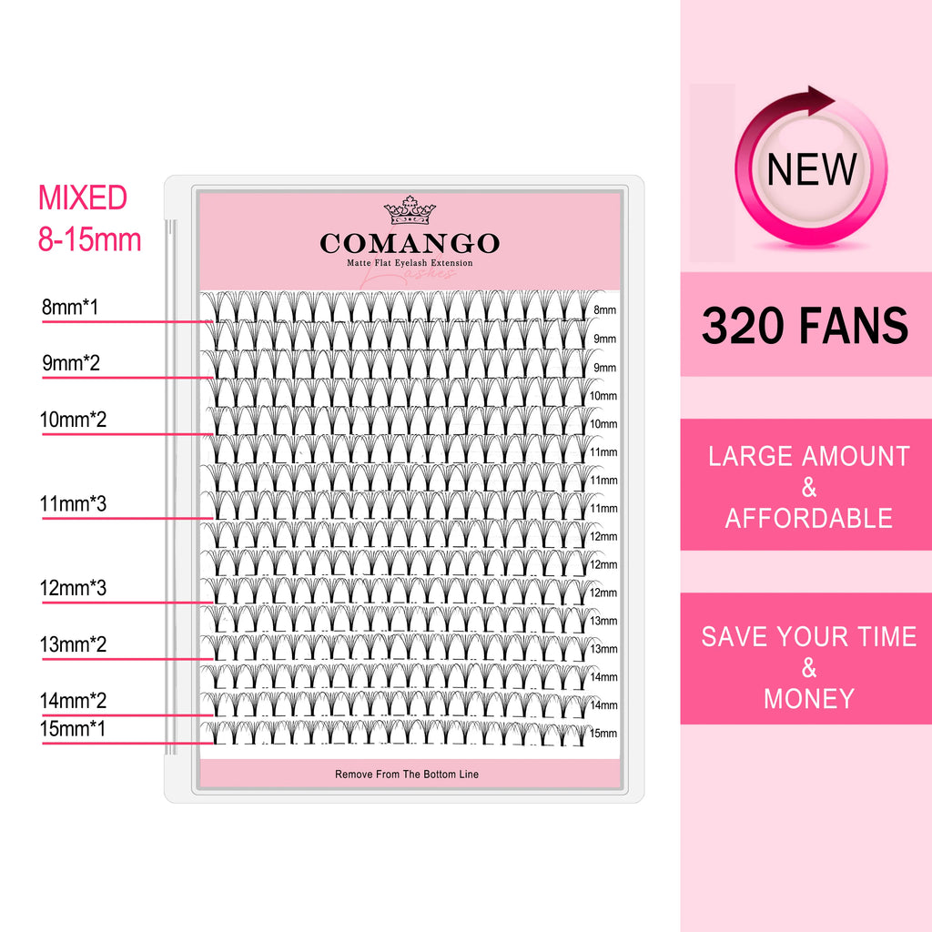 CoMango Wispy Premade Volume Fans 3-10D Individual Lashes Extension Short Stem 320 Fans Faux Mink Pre Made Russian Lashes