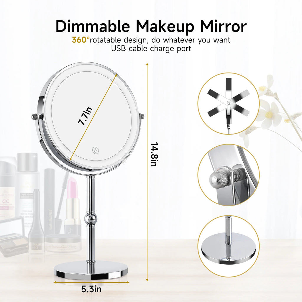 Lighted Makeup Mirror with Brighter Lights,1x/10xTrue HD Magnifying Tabletop Vanity Mirror with Touch Control, 360°Rechargeable