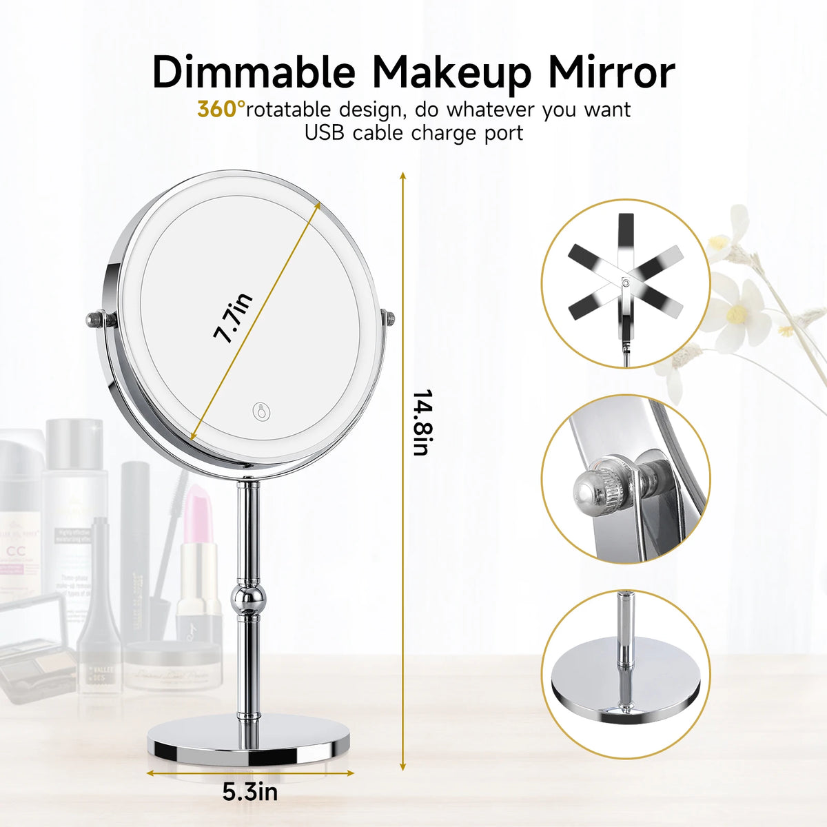 Lighted Makeup Mirror with Brighter Lights,1x/10xTrue HD Magnifying Tabletop Vanity Mirror with Touch Control, 360°Rechargeable