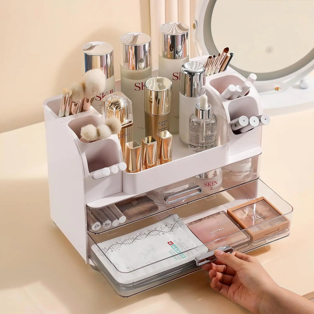 Makeup Organizer with Drawers, Vanity Storage for Brushes, Perfume, Lotion, Lipstick, Palette – White