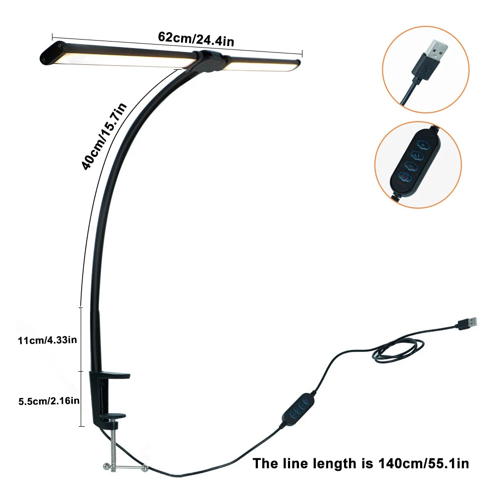 2-Headed LED Desk Lamp for Office Home Eye-Caring Architect Lamp with Clamp USB 3 Color Flexible Adjustable Lighting Table Lamp