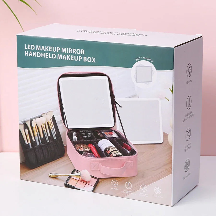 LED Lighted Travel Makeup Bag with Mirror Portable Waterproof Makeup Organizer Cosmetic Case Birthday Gift for Girls Women