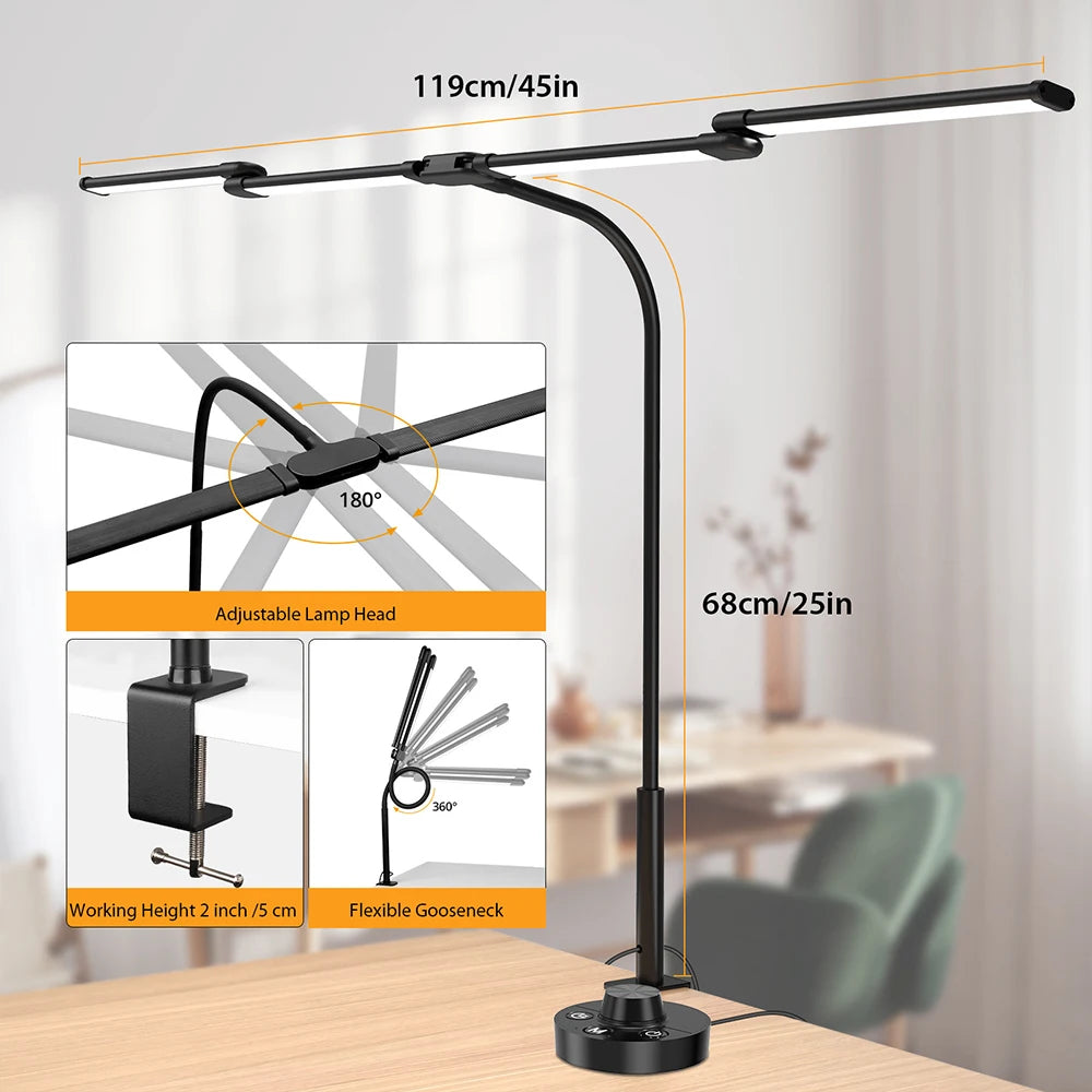 2-Headed LED Desk Lamp for Office Home Eye-Caring Architect Lamp with Clamp USB 3 Color Flexible Adjustable Lighting Table Lamp