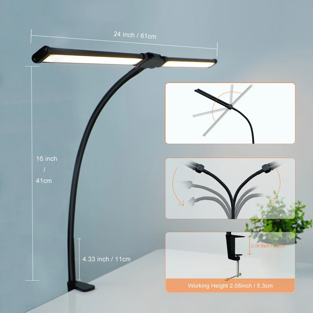 2-Headed LED Desk Lamp for Office Home Eye-Caring Architect Lamp with Clamp USB 3 Color Flexible Adjustable Lighting Table Lamp