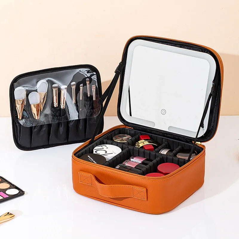 Travel LED Cosmetic Case With Light and Mirror Makeup Bag Large Capacity Premium Portable Cosmetic Bag Detachable Partition Bag