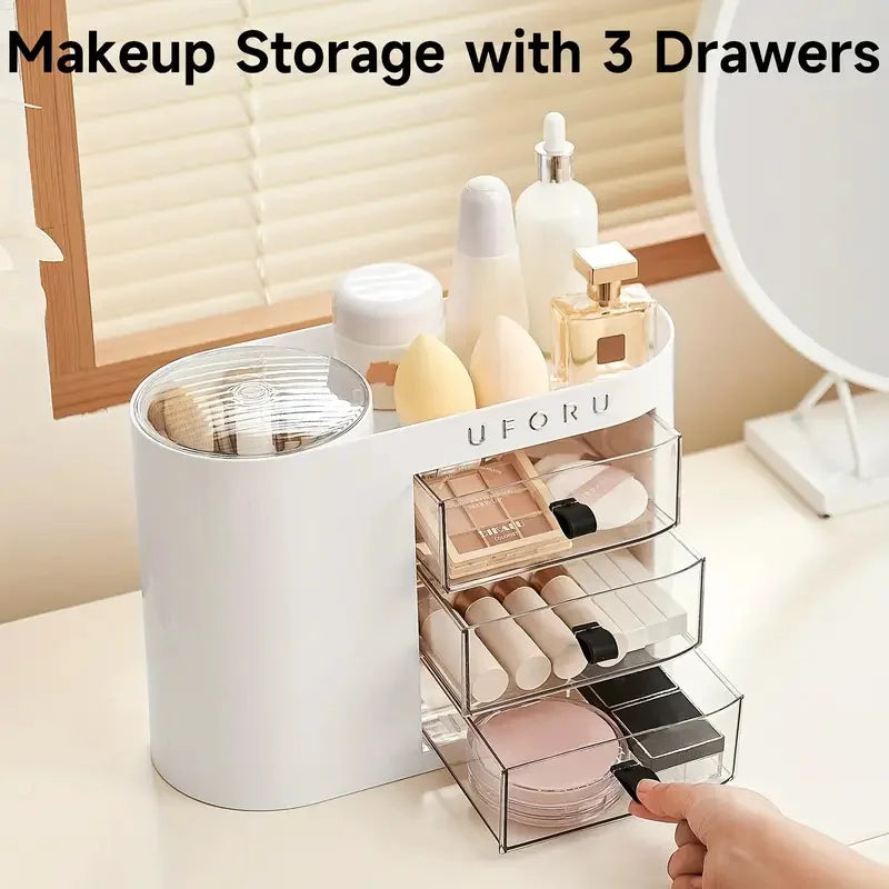 Makeup Brushes Storage Organizer With Drawers Large Capacity Cosmetics Tools Organizer Dustproof Lifting Makeup Brushes Holder