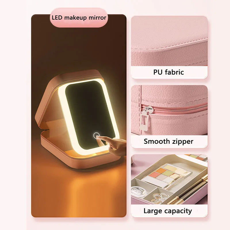 New LED Lighted Cosmetic Case With Mirror PU Leather Portable Travel Makeup Storage Bags Waterproof Travel Makeup Bag